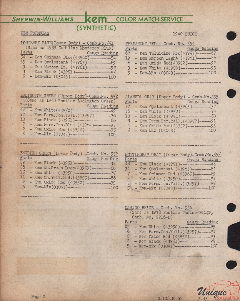 1940 Buick Paint Charts Williams 5